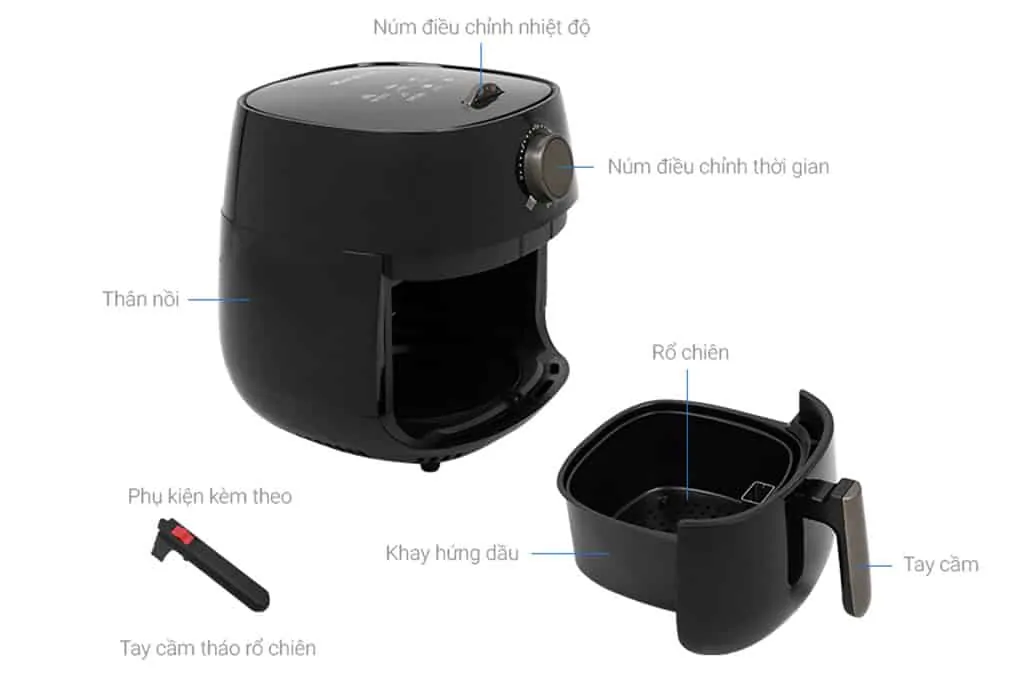 Cấu tạo bên trong và bên ngoài của nồi chiên không dầu 15 Cấu tạo của nồi chiên không dầu gồm những gì?