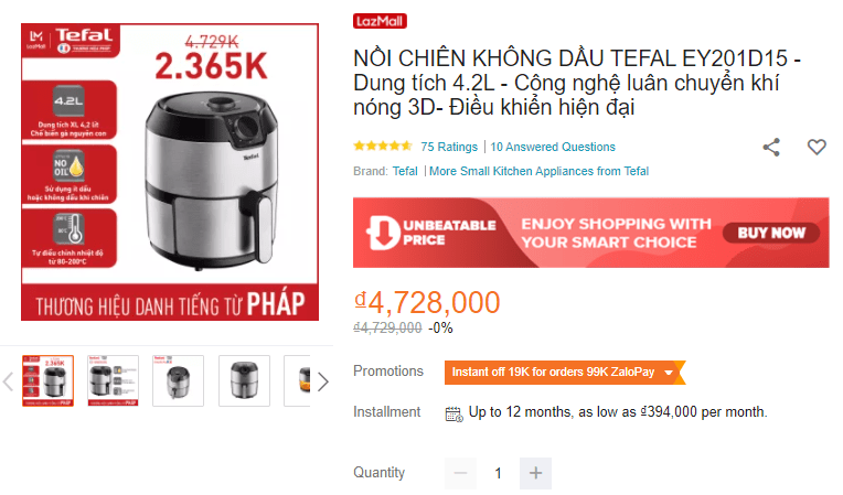 Mua sắm nồi chiên không dầu Tefal EY201D15 cùng Lazada