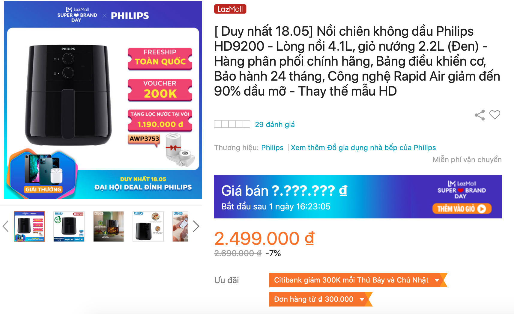 Mua sắm nồi chiên không dầu Philips HD9200 trên Lazada