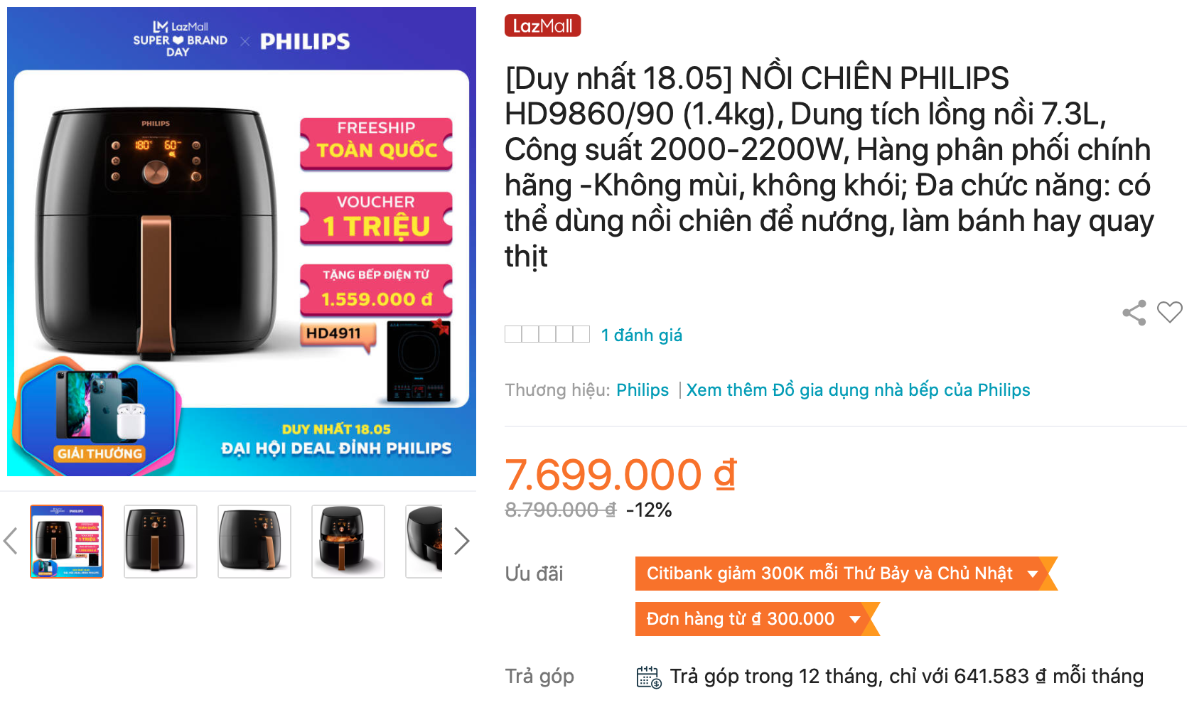 Nồi chiên không dầu Philips HD9860/90 cao cấp