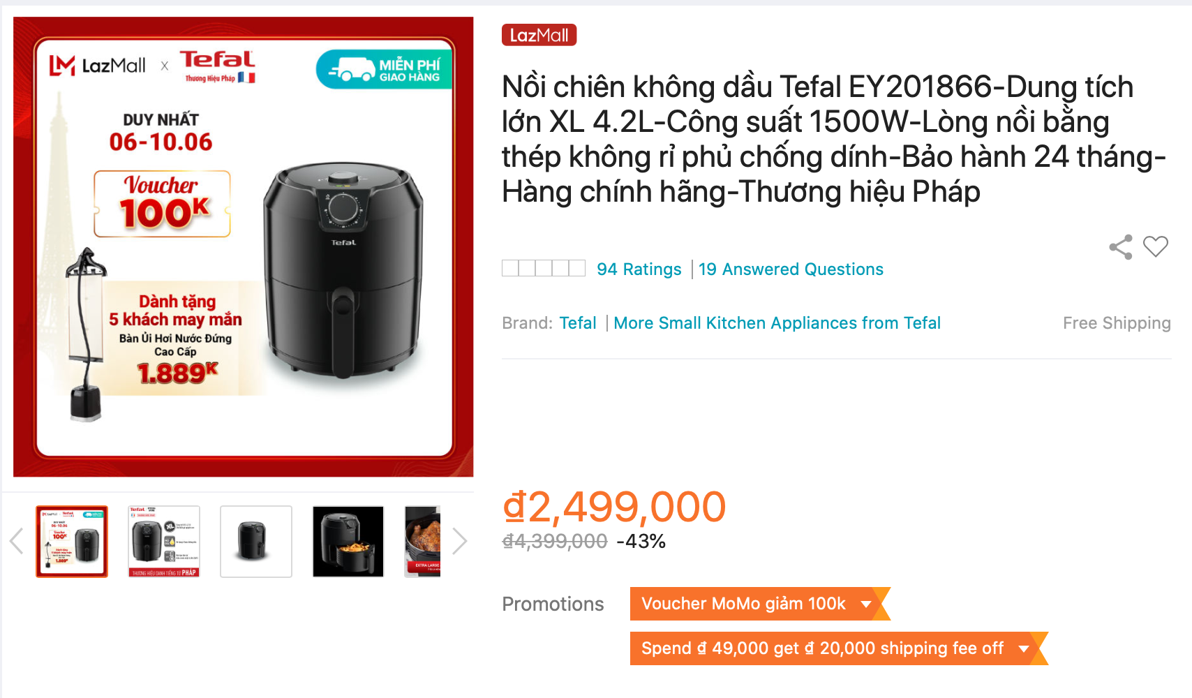 Nồi chiên không dầu Tefal EY201866