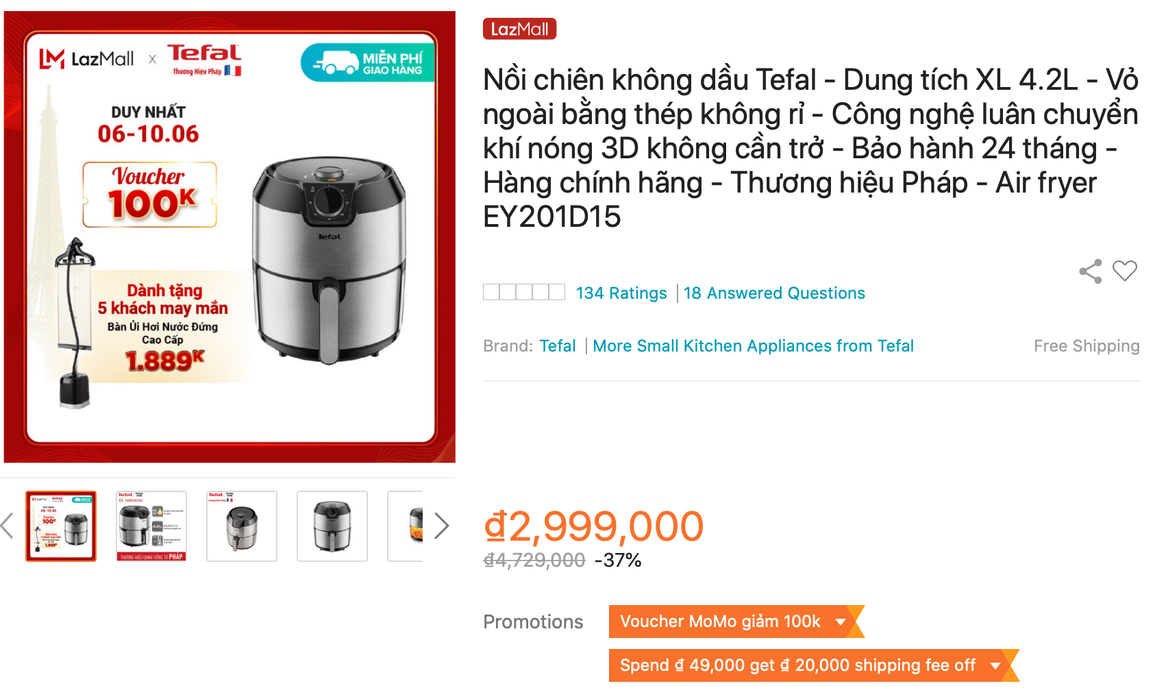 Nồi chiên không dầu Tefal Air fryer EY201D15