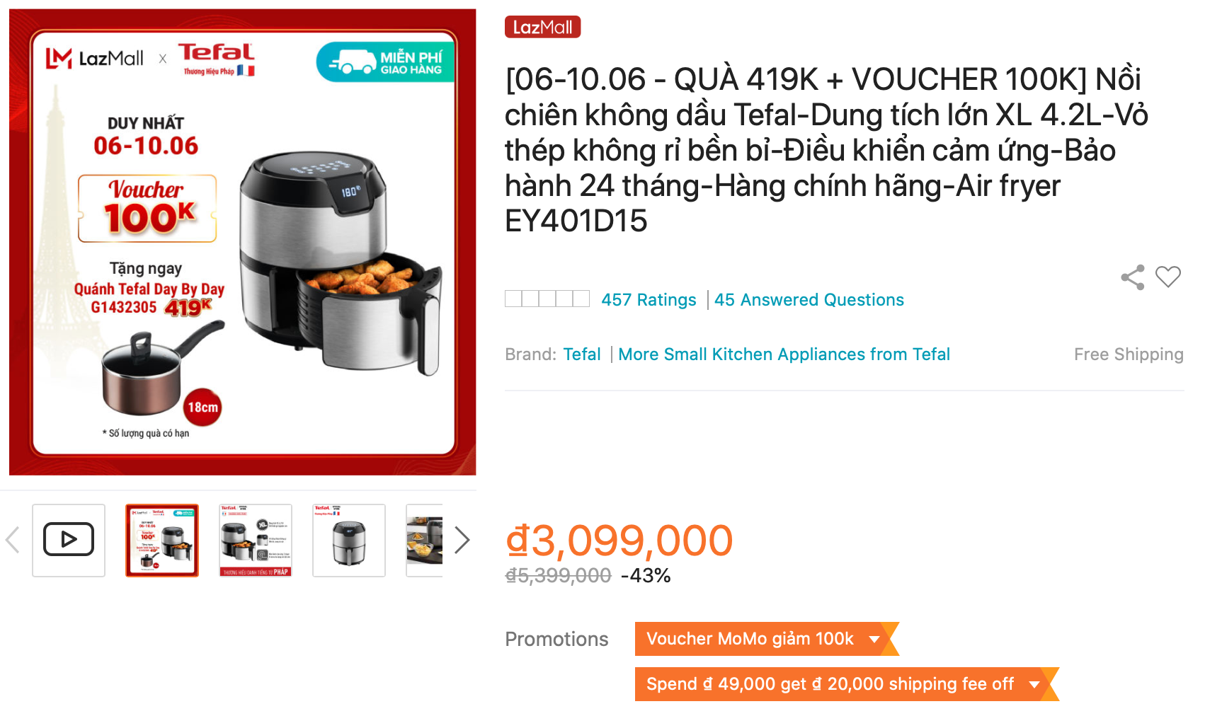  Nồi chiên không dầu Tefal EY401D15 khuyến mãi 43% tại Sale Hè Lazada 6.6