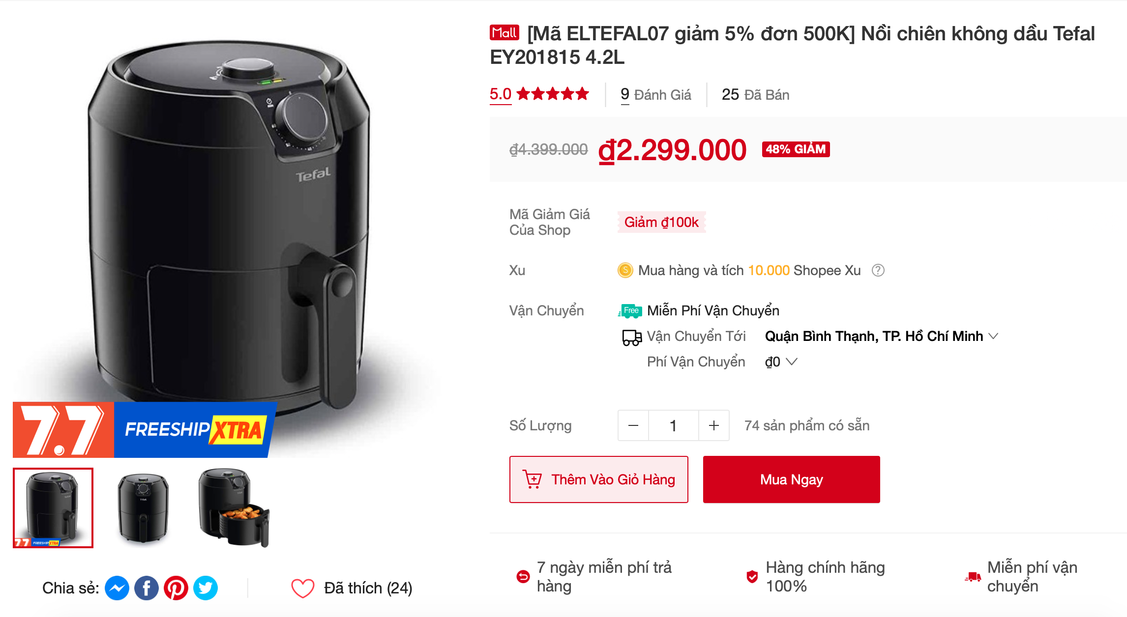 Mua nồi chiên không dầu Tefal EY201815 online để được freeship