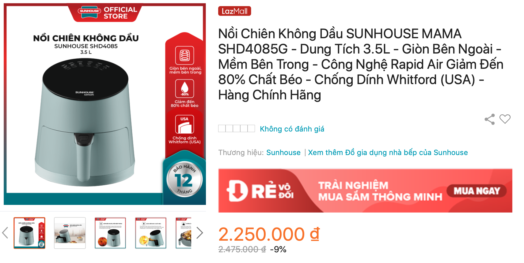 Nên mua sắm nồi chiên không dầu SUNHOUSE MAMA SHD4085G trên Lazada