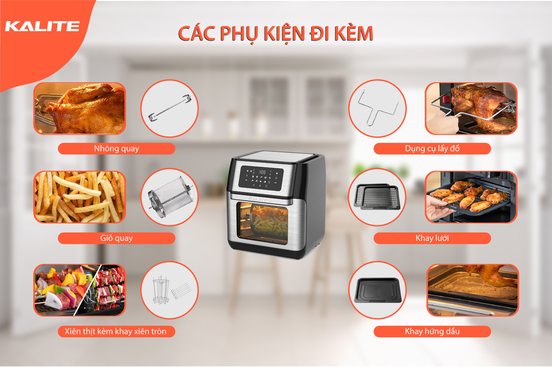 Phụ kiện đi kèm của nồi chiên không dầu KALITE Q10 rất đa dạng