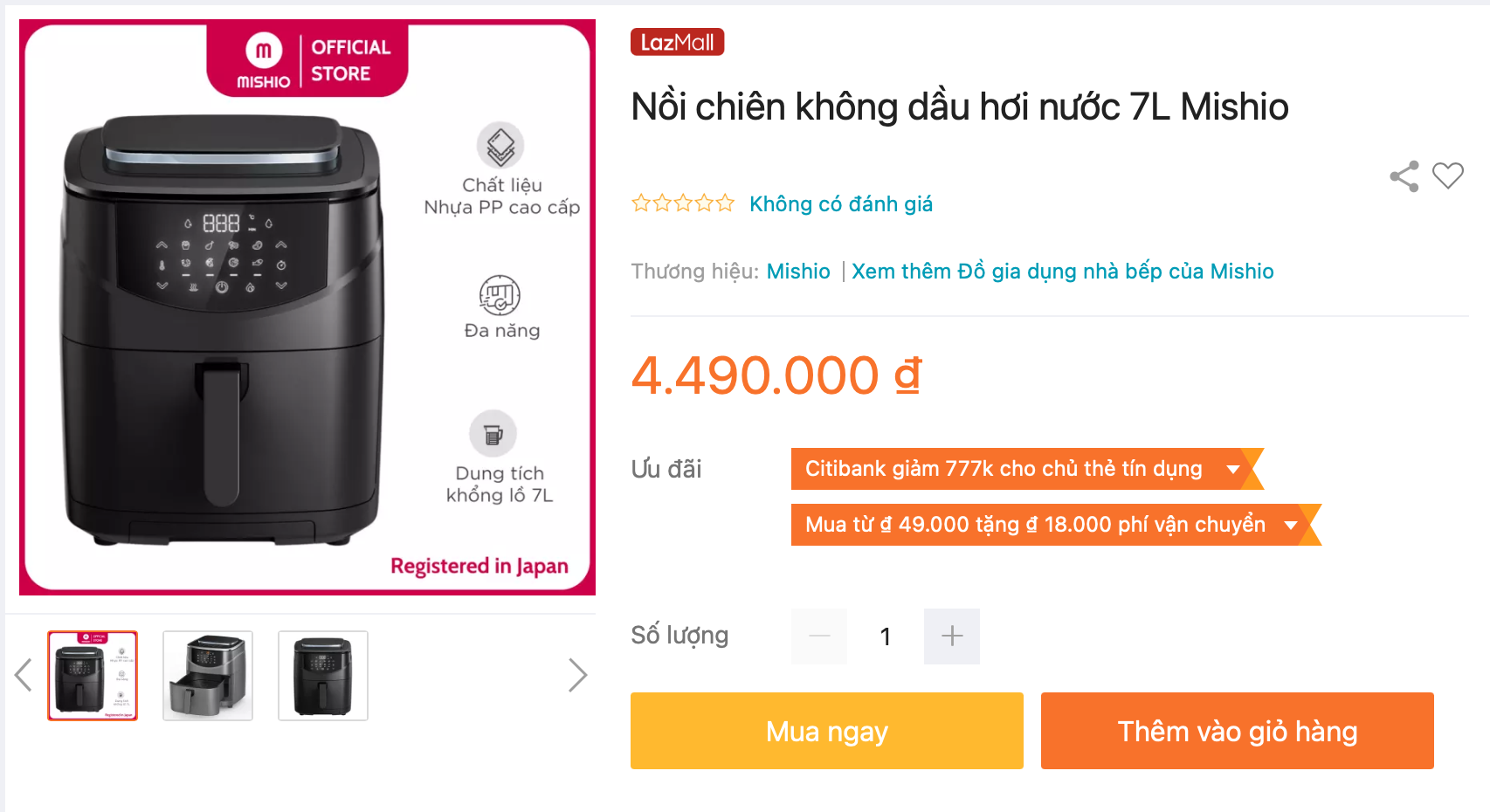 Mua nồi chiên không dầu hơi nước Mishio 7L dễ dàng trên Lazada