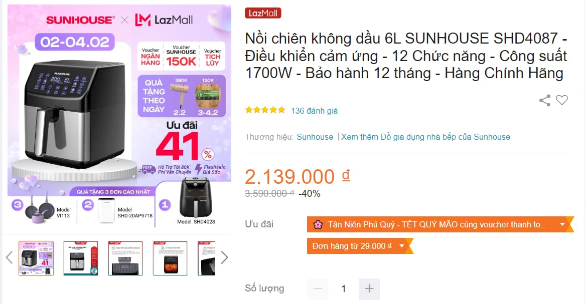 nồi chiên không dầu Sunhouse SHD4087