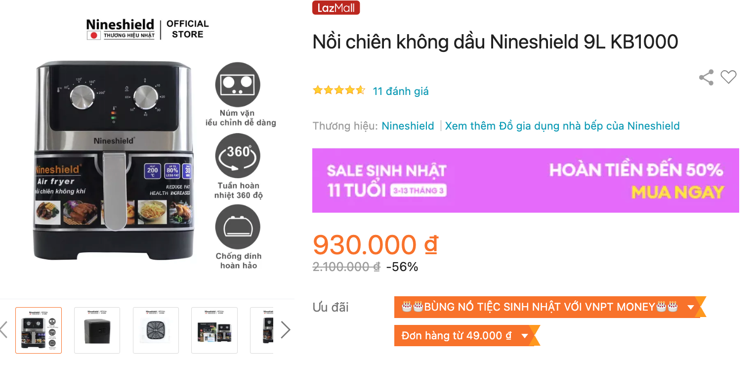 Mua nồi chiên không dầu Nineshield KB1000 tại Lazada