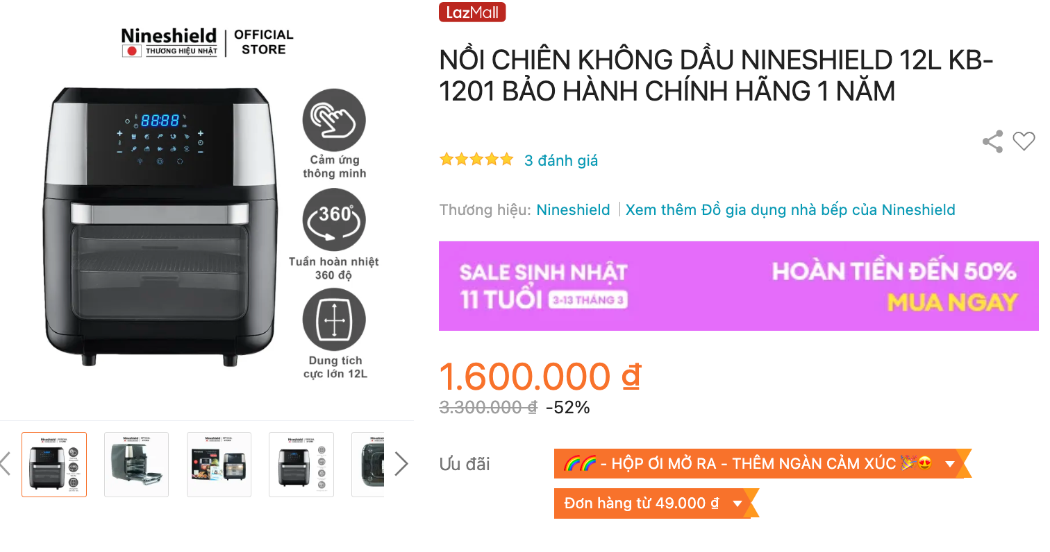 Mua Nồi chiên không dầu Nineshield KB-1201 tại Lazada