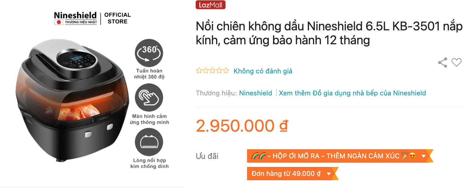 Mua nồi chiên không dầu Nineshield KB-3501 tại Lazada