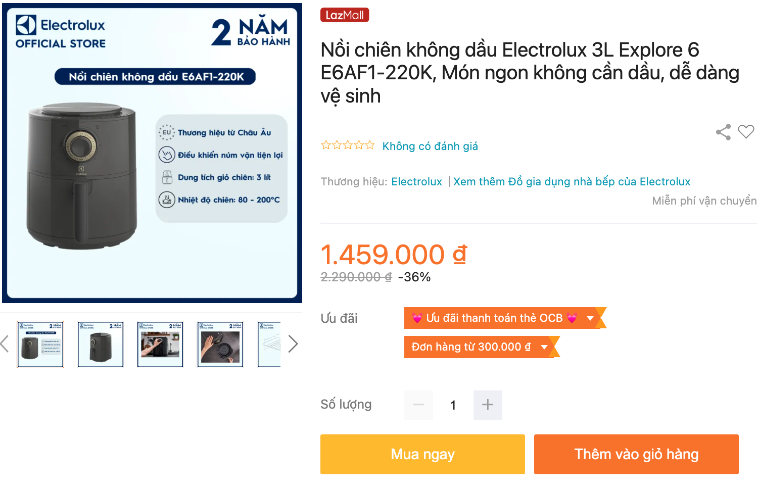 Mua nồi chiên không dầu Electrolux E6AF1-220K dung tích 3L tại Lazada