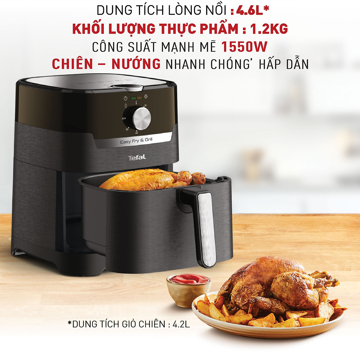 Nồi chiên, nướng không dầu điện tử Tefal 2 trong 1 EY505815